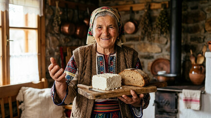 Authentic Portrait of Senior Balkan Woman Offering Homemade Cheese and Bread - Traditional Hospitality Concept
