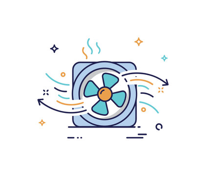 Air circulation symbol a compact rotating fan surrounded by soft curved airflow lines and tiny sparkle icons representing fresh indoor air movement and cooling