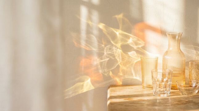 Abstract summer still life background with translucent glass and sunlight creating patterns on a simple surface during the bright part of the day