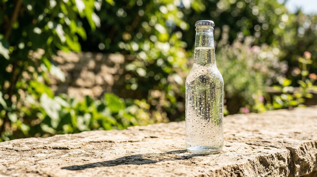 Condensation covers sparkling water bottle placed on stone surface surrounded by green plants under sunlight in the garden