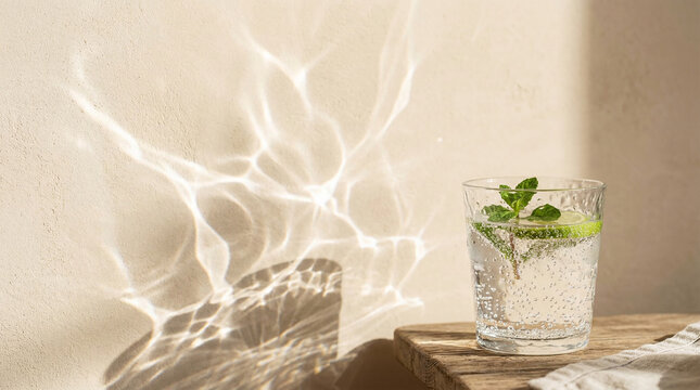 Sunlight reflects off a glass of sparkling water with lime and mint on a wooden table during summer in a cozy indoor setting