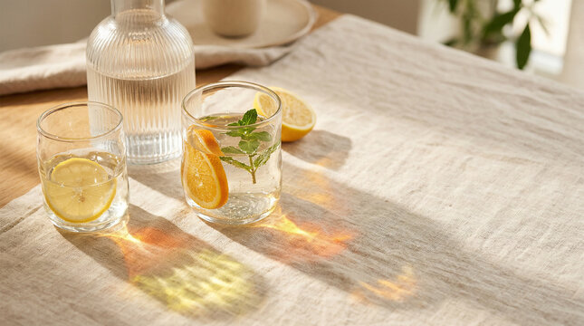 Bright summer still life scene with glasses of water, fruits, and light playing on a table during a sunny afternoon in a cozy home setting