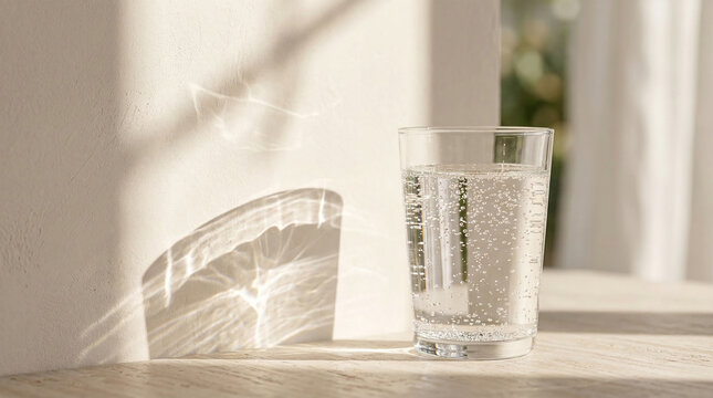 Light patterns dance on a wall as a clear glass filled with water sits on a table in a bright summer setting