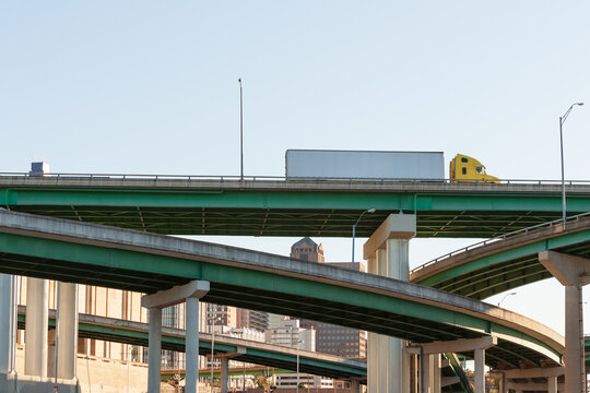 Multi-level interchange of the Interstate I-40 overpass in Memphis with truck heading towards Hernando de Soto bridge in Memphis, Tennessee