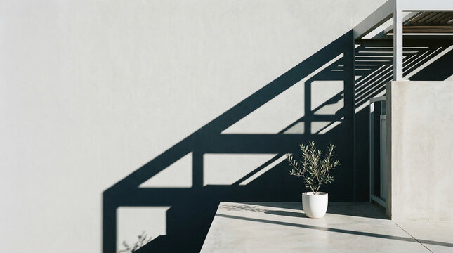 Abstract summer composition features sharp geometric shapes with strong shadows and a plant in a white pot against a light wall in a modern space