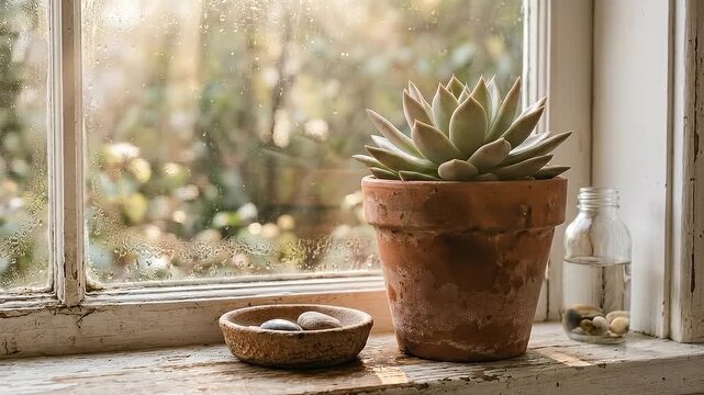 Sunlit succulent windowsill terracotta pot and pebble bowl evoking calm natural minimalism. plastic free bathroom inspired indoor decor with sunlight