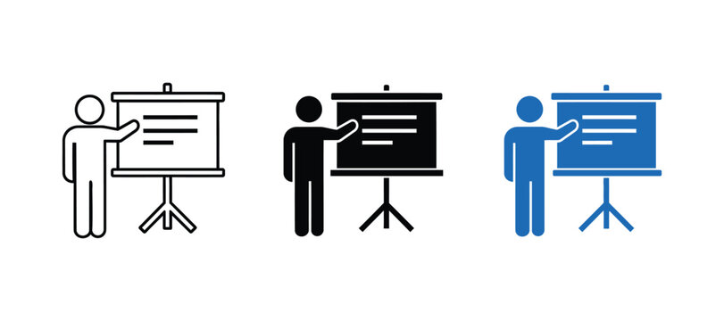 Three stick figures presenting on flipcharts in different colors