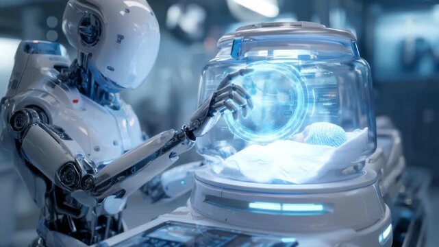 Robot caretaker observes infant in futuristic nursery setting with advanced technology