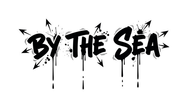 By The Sea. lettering and all elements in black. Vector style. AWhite background. Pure white background. Perfect isolation and visual consistency. Dynamic