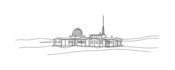 Fototapeta premium Arctic Research Station. Minimalistic one-line drawing small scientific station on snow-covered Arctic terrain, continuous single black line on white