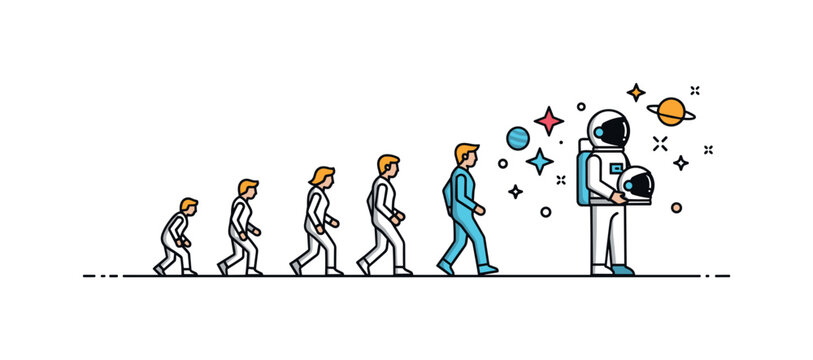 Cosmic evolution of humanity series of simplified figures evolving toward a space explorer holding a helmet while stars and planets appear ahead. Inspiring
