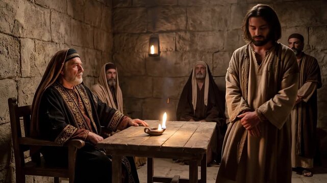 Jesus standing before high priest Annas in a stone hall during interrogation