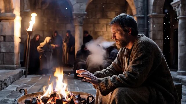 Simon Peter warming his hands over a glowing charcoal fire in a courtyard