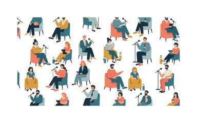 Fototapeta premium expert panel discussion seamless pattern, speakers seated, discussing topics, microphones, audience, notebooks and water bottles arranged in a repeating