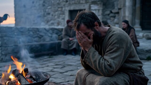 Simon Peter looking distressed near a fire as a rooster crows at dawn
