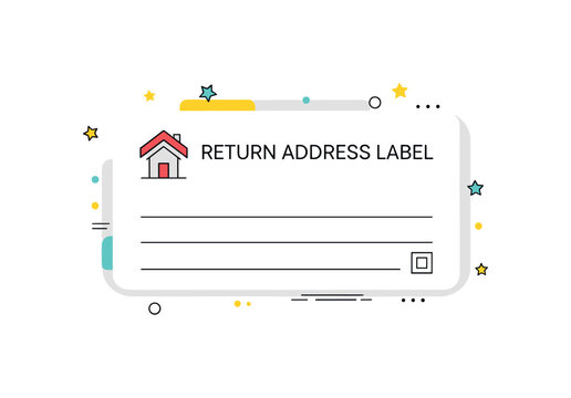 Return address label with a subtle color accent and small icon of a house, showing organized, professional, and readable layout for shipping