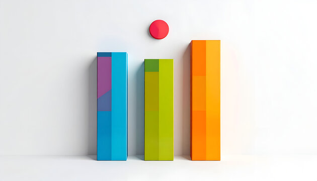 Colorful 3D bar chart rendering against white wall; blue green and orange columns