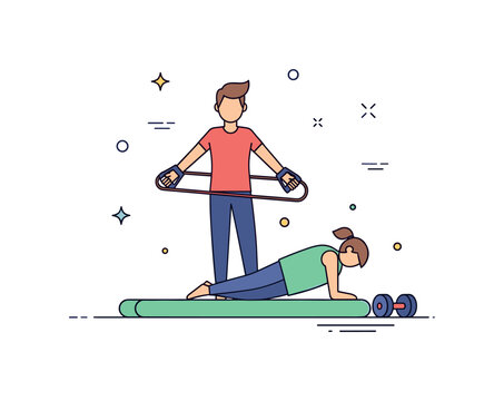 Rehabilitation exercises with a person using resistance bands and light weights, focusing on regaining strength and mobility after sports injury. Minimalist