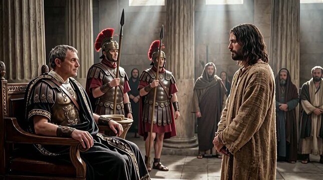 Pontius Pilate questioning Jesus inside a Roman hall with sunlight streaming