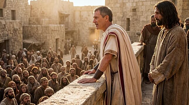 Pontius Pilate standing on a stone balcony addressing a large angry crowd