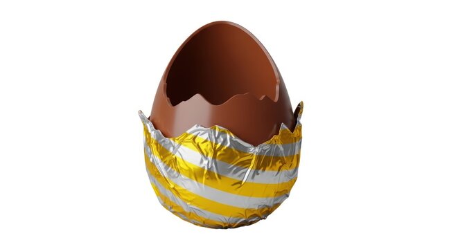 Brown chocolate Easter egg cracked open with gold and silver foil wrapping