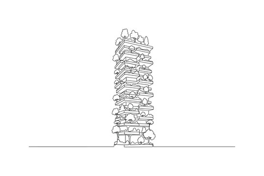 Vertical Forest Skyscraper. Minimalistic one-line drawing building covered with multiple levels of trees and plants, continuous single black line on white