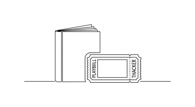 Theater Playbill and Ticket. Minimalistic one-line drawing theater playbill booklet placed beside a performance ticket symbolizing stage show admission,