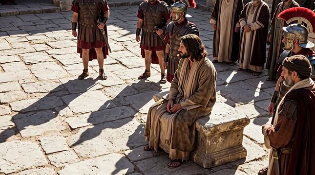 Jesus seated on a stone judges bench at Gabbatha under high noon sunlight
