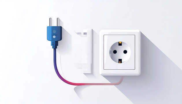Electrical plug about to be plugged into wall socket in cartoon illustration style