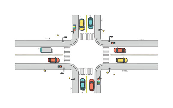 Bird?s eye view intersection simple crossroads with road markings, tiny cars and pedestrian crossings forming a clean overhead composition of everyday city