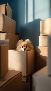 tan Pomeranian peeking from an open cardboard box among stacked moving boxes in a sunlit room with a pale blue wall