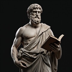 Fototapeta premium Ancient marble statue of bearded man reading book on dark background