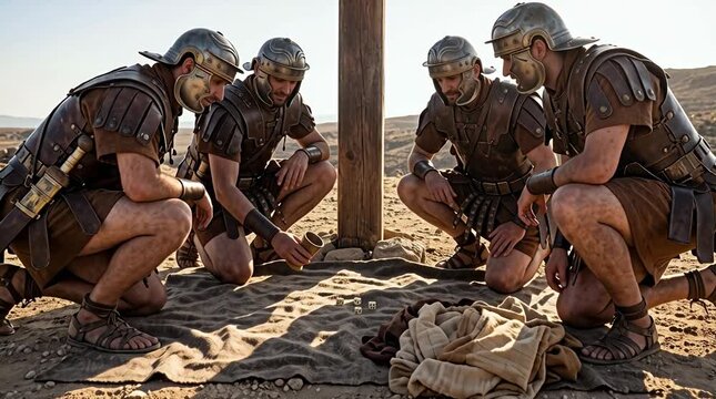 Roman soldiers sitting at the foot of the cross casting dice for a tunic