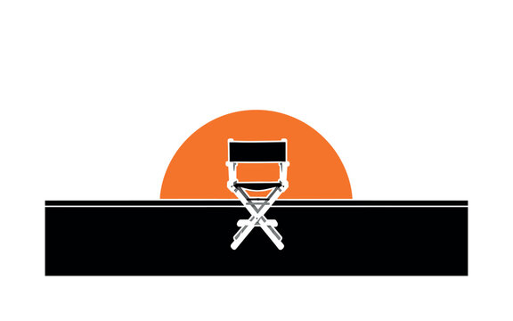 Black and white director?s chair on rooftop facing viewer, bold orange half-circle behind like spotlight, thin horizontal baseline separating rooftop and sky,