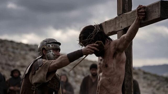 A Roman soldier lifting a wine-soaked sponge on a hyssop branch to Jesus