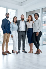 Fototapeta premium Business, team and smile with portrait in office for legal counsel, legislation service and about us. Corporate, lawyers and happy people with hug for staff solidarity, career integrity and justice