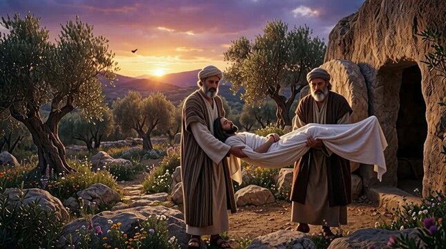 Joseph of Arimathea and Nicodemus carrying Jesus body wrapped in white linen into a tomb