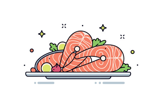 Raw salmon fish slices arranged on a plate with subtle garnish accents suggesting freshness and quality seafood preparation. The scene expresses culinary