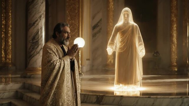 Abraham interceding with a divine glowing figure. Biblical scene of prayer and intercession for Sodom. Old Testament narrative footage