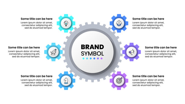 Infographic template. 6 gears with icons and text