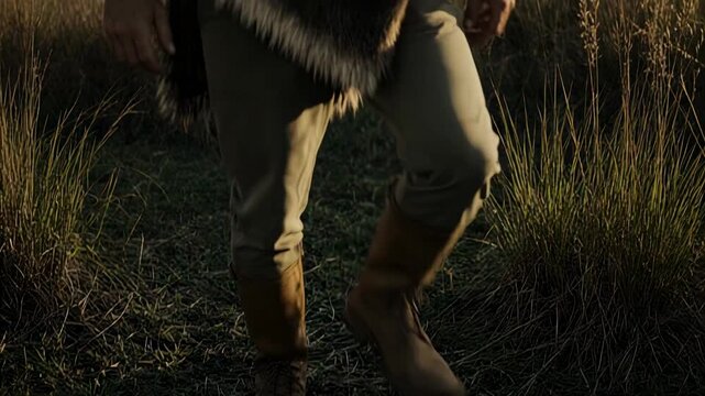 Esau the hunter walking through a golden grass field. Biblical character in ancient wilderness. Old Testament story
