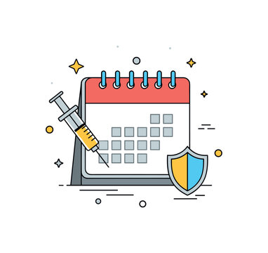 Preventive healthcare theme centered on a calendar icon combined with a small syringe and shield symbol, expressing vaccination, checkups, and proactive
