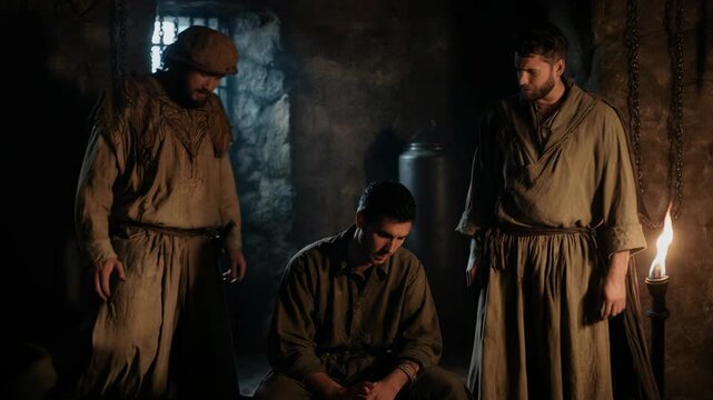 Joseph sitting in a dark Egyptian prison cell with two other prisoners. Biblical scene of Joseph in the dungeon waiting for release
