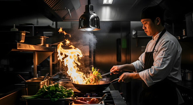 Culinary Blaze: A skilled chef demonstrates the artistry of cooking. With focused intent, he manipulates a flaming wok to craft a delicious dish.