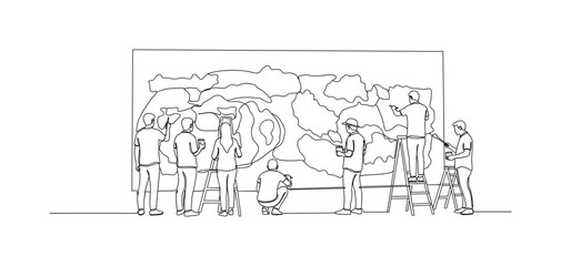 Obraz premium Community Mural Project. Minimalistic one-line drawing multiple people working together painting wall mural, continuous single black line on white background,