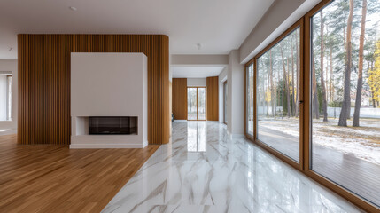 Fototapeta premium Modern living room with marble floor, large glass windows, wooden accent wall, fireplace, and forest view creates bright, spacious atmosphere