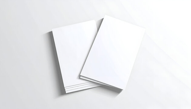 Stack of blank white flyers or brochures on a white surface with space for text