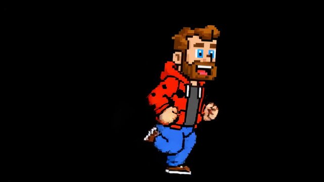 Retro pixel art animation of a running character in red jacket with blue jeans