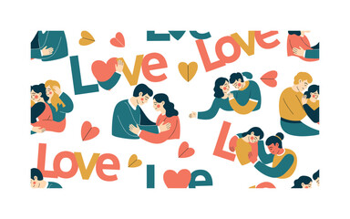 Naklejka premium expressing love seamless pattern, romantic partners sharing feelings, letters, hearts, hugs and gentle touches arranged in a repeating pattern, white