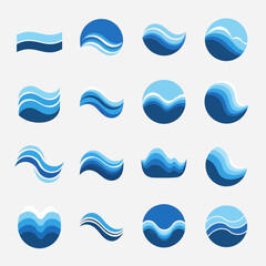 Fototapeta premium Elegant vector collection of diverse blue wave symbols and fluid motion logos, ideal for modern branding, aquatic themes, and eco-friendly design projects